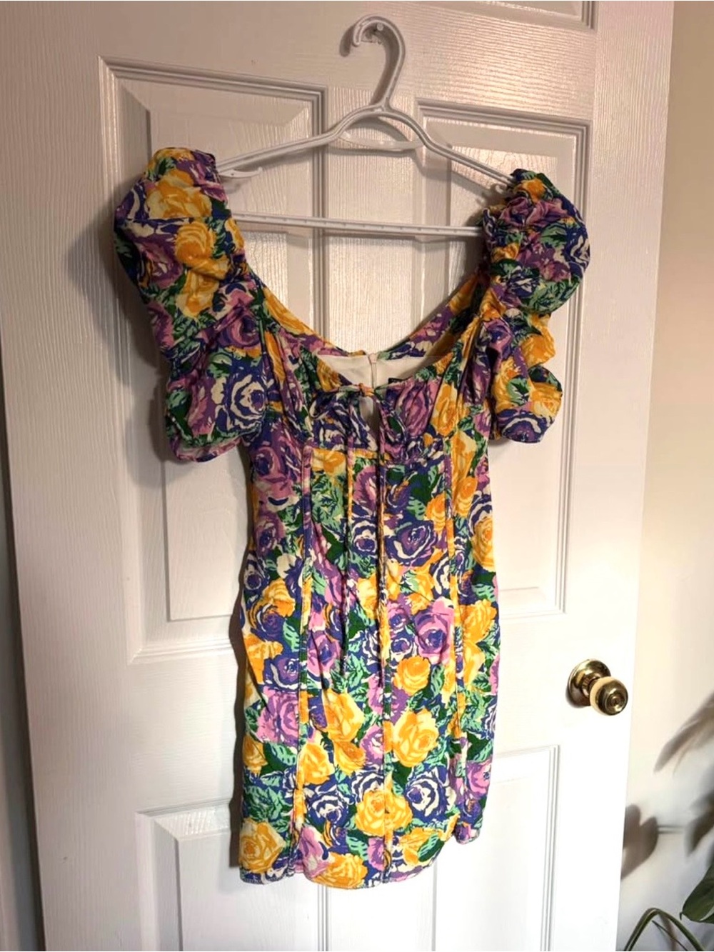 Zara Yellow & Purple Floral Puff-Sleeve Mini Dress